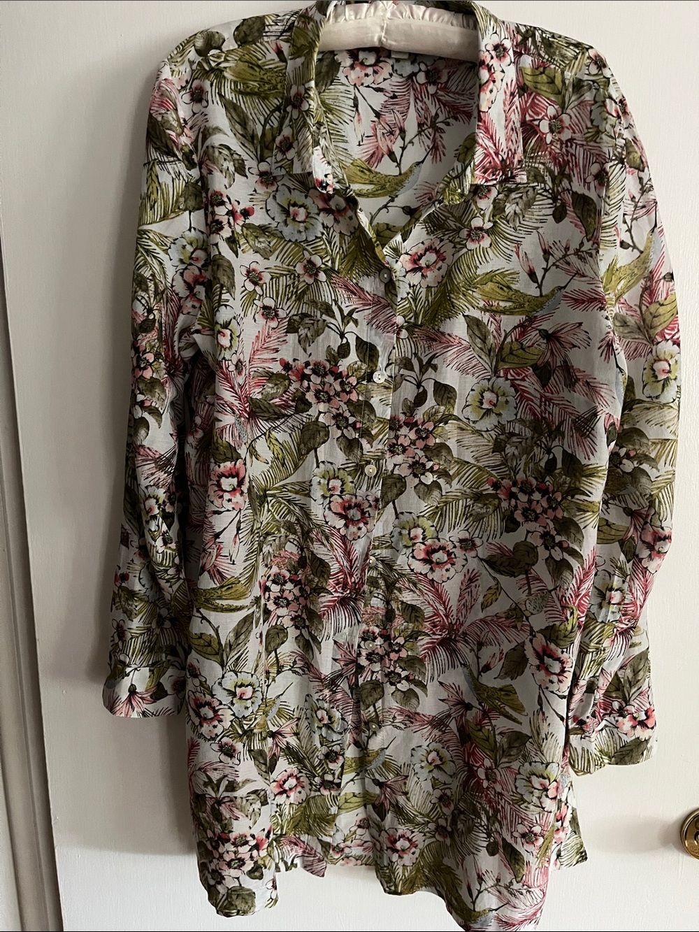 J. Jill Light green Floral Button-Up Xtra Long Tunic with Olive & Pink Accents
